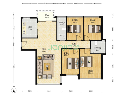 恒和金谷三期 4室1厅2卫 129平方