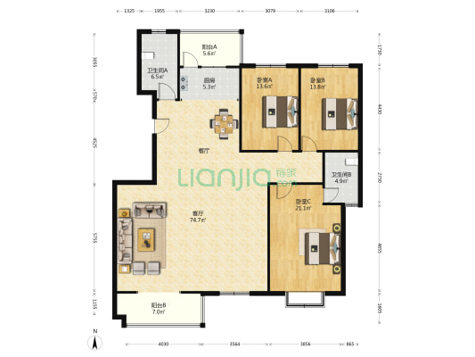 海韵国际花园 3室1厅2卫 181平方