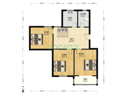 朝阳新村一区48号 3室1厅1卫 88平方