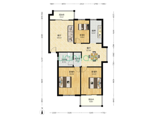 新纪元公寓 3室2厅2卫 103平方
