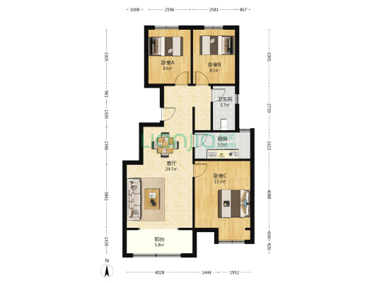 和天下 3室1厅1卫 102平方