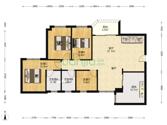 宏明花园 4室1厅2卫 119平方
