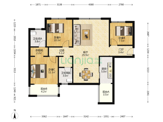 鑫远玲珑雅苑 3室1厅2卫 109平方