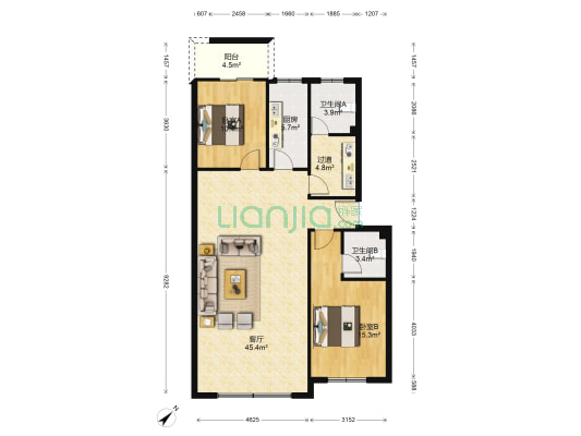 新庆园 2室1厅2卫 121平方