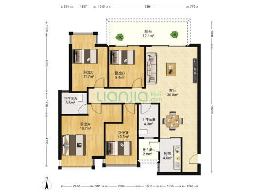 彰泰城A区 4室1厅2卫 125平方