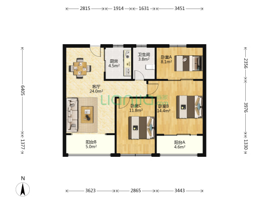 太和丽都A区 3室1厅1卫 91平方