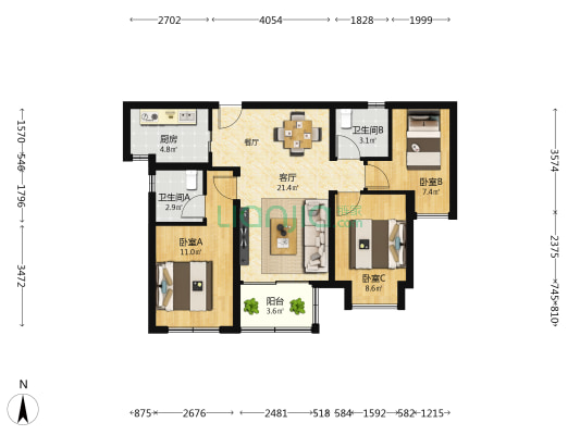 国贸远洋天和 3室1厅2卫 94平方