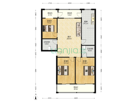 台商楼 3室1厅2卫 130平方