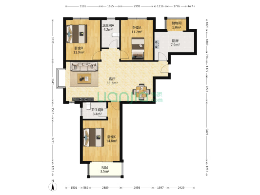 雍景园 3室1厅2卫 122平方