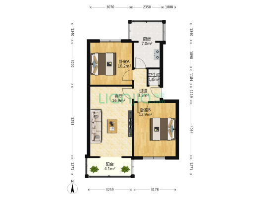 磨房街40号 2室1厅1卫 61平方