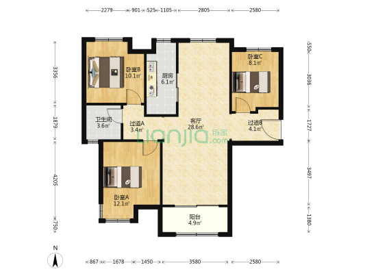万达揽湖苑C区 3室1厅1卫 103平方