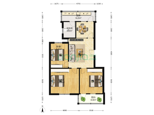 向阳小区 3室2厅1卫 92平方