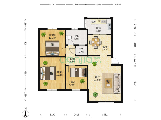 西园北路38号 3室2厅2卫 78平方