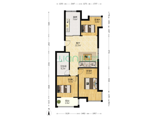 北苑风景小区 3室1厅1卫 88平方