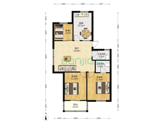 五凤兰庭一期 3室1厅2卫 91平方