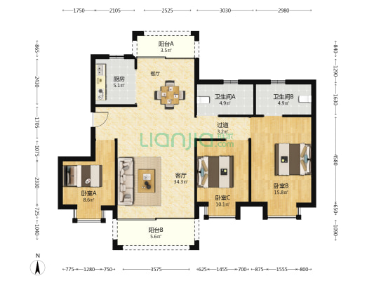 怡景华府 3室1厅2卫 128平方