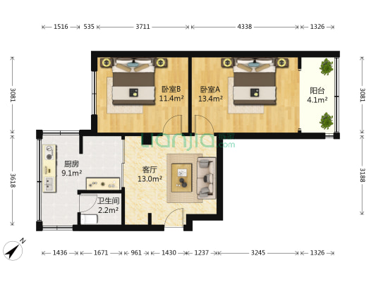 红牌楼北街23号院 2室1厅1卫 60平方