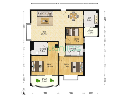 流溪半岛 3室1厅2卫 126平方