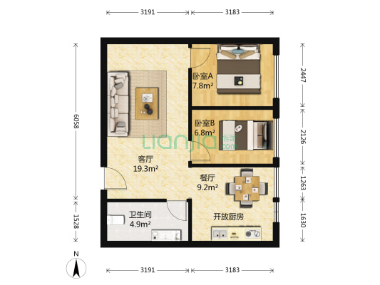 永定路25号院 2室2厅1卫 68平方