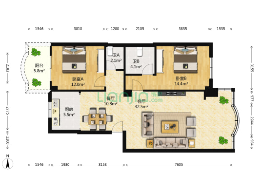 广顺花园 2室2厅2卫 95平方