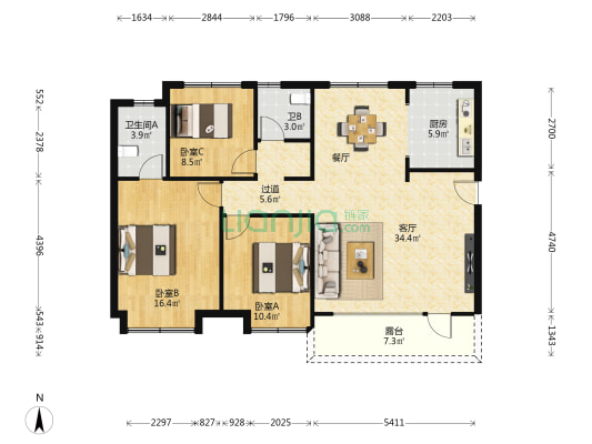 兰海·兰萃壹号 3室1厅2卫 127平方