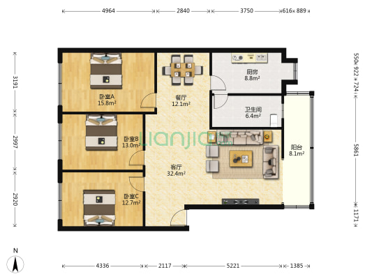 三江人大宿舍 3室2厅1卫 125平方
