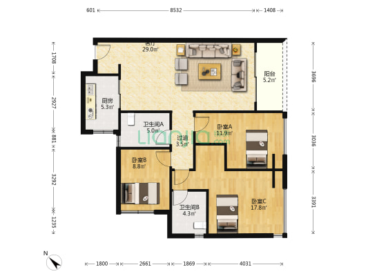 金科博翠天下 3室1厅2卫 115平方