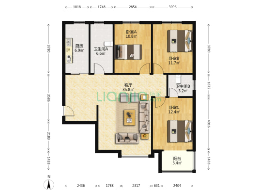 联合七号院 3室1厅 南 北-户型图