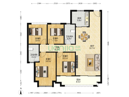 旭辉国悦府 4室1厅2卫 128平方