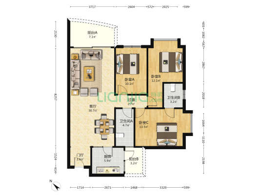 龙涛居 3室1厅2卫 115平方