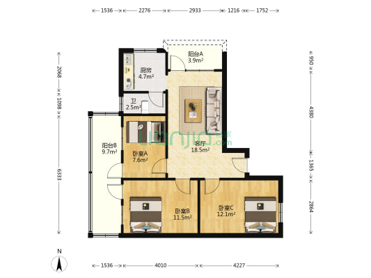 市东上路5号 3室1厅1卫 93平方