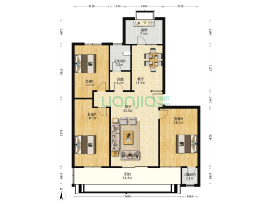 交通监理宿舍 3室2厅2卫 141平方