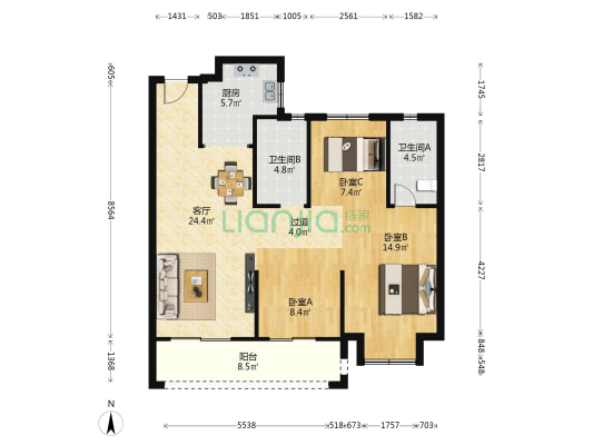 龙湖揽境 3室1厅2卫 119平方