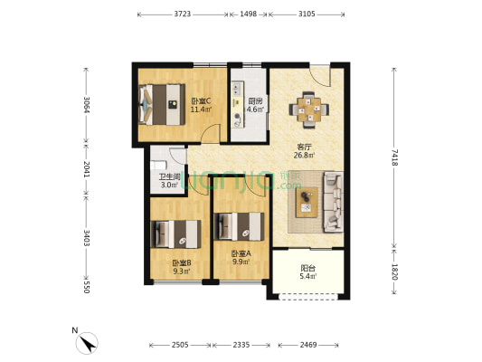 口岸外商公寓 3室1厅1卫 90平方