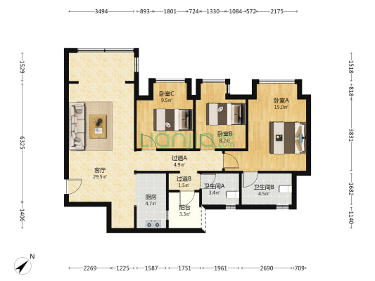 龙湖云瑶玉陛陛川 3室1厅2卫 103平方