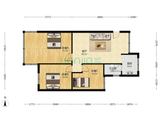 太平路12号 3室1厅1卫 91平方