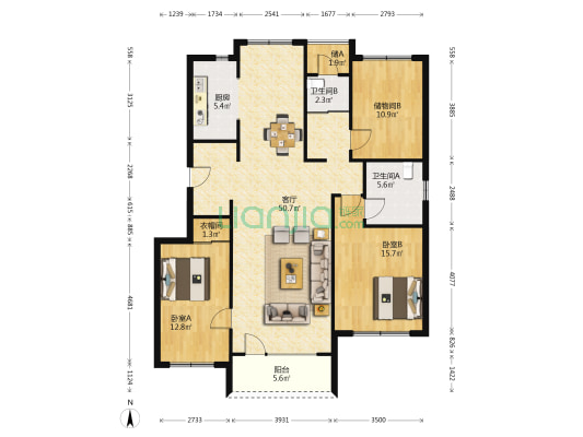 南域枫景 2室1厅2卫 127平方