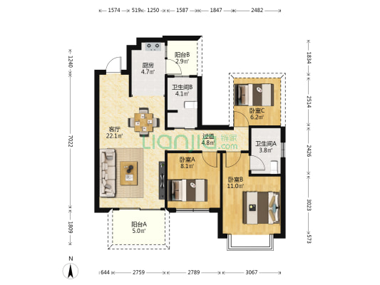 当代锦园MOMA 3室1厅2卫 87平方