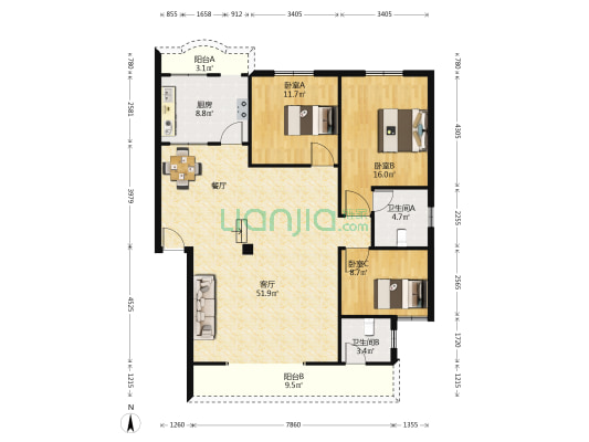 平安苑 3室1厅2卫 138平方