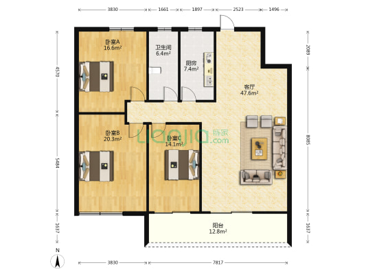 金悦东湖·理想城 3室1厅1卫 105平方
