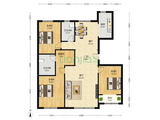 廊坊阳光郡 3室2厅2卫 147平方