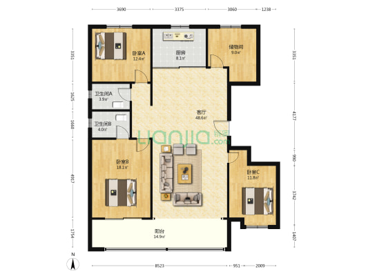 荣盛碧桂园玖玺台 3室1厅2卫 180平方