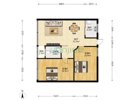 海棠明月 2室1厅1卫 112平方