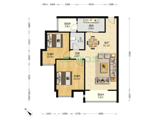 上善清波小区B 2室1厅1卫 89平方