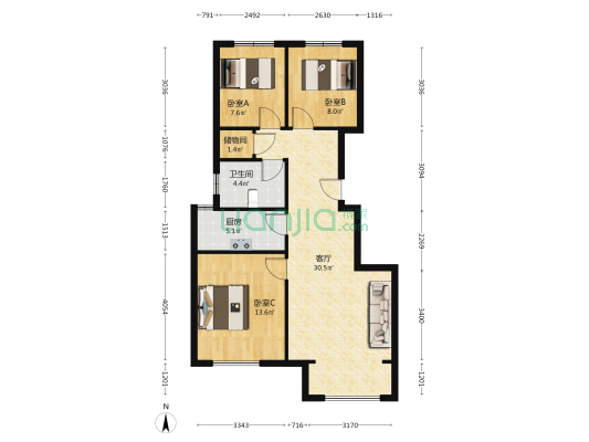 润唐城 3室1厅1卫 102平方
