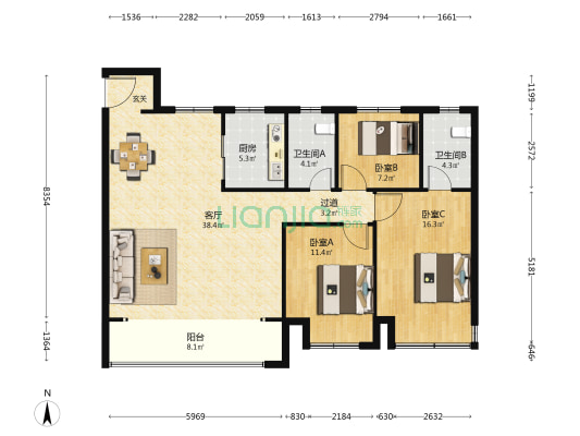 华发中央首府 3室1厅2卫 129平方