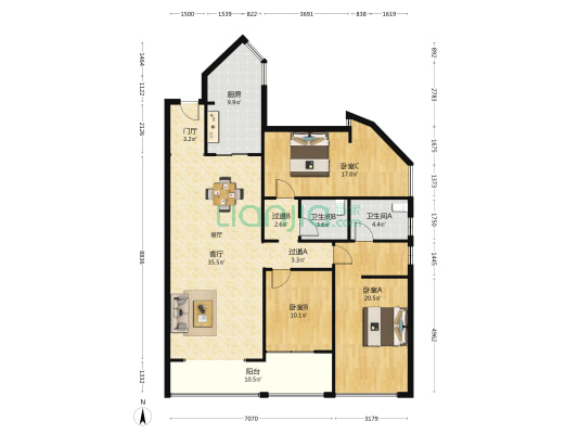 洪锦国际 3室1厅2卫 130平方