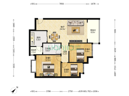 恒大银海湖二期 3室1厅1卫 92平方