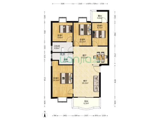 飞龙花园 4室2厅1卫 115平方