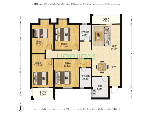 金建小区三区 4室1厅2卫 137平方